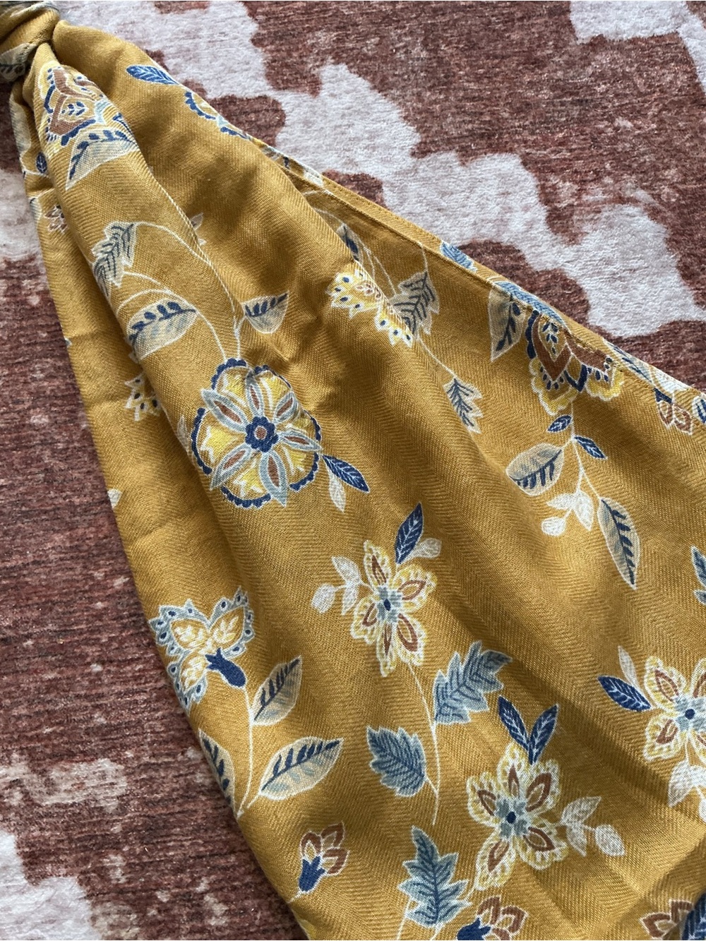 Coldwater Creek Mustard Floral Scarf with Blue and Cream Accents